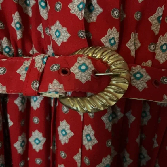 Vintage Pleated Print Dress with elastic stretch waist and matching belt Size 14 - Picture 4 of 8